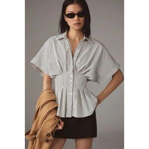 Striped Cinched-Waist Button Front Blouse - White/Black